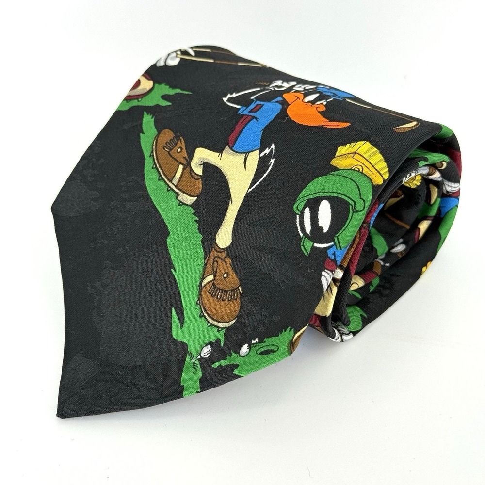 Vintage 1994 Looney Tunes Mania Golf Tie Daffy Duck Taz Marvin the Martian Black